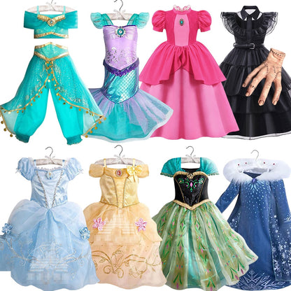 Princess Party Dress for Girls Halloween Frozen Elsa Rapunzel Costume Kids Wednesday Addams Clothing Birthday Gift Gown