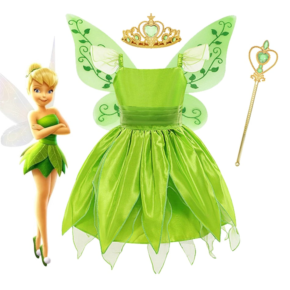 Tinker Bell Princess Halloween Cosplay Girls Party Green Flower Fairy TinkerBell Dress Elf Costume Glitter Butterfly Wing