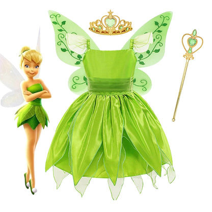 Tinker Bell Princess Halloween Cosplay Girls Party Green Flower Fairy TinkerBell Dress Elf Costume Glitter Butterfly Wing