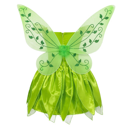 Tinker Bell Princess Halloween Cosplay Girls Party Green Flower Fairy TinkerBell Dress Elf Costume Glitter Butterfly Wing