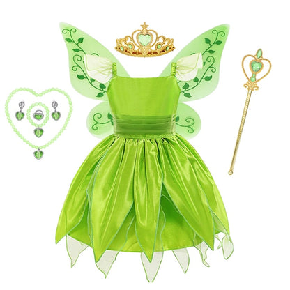 Tinker Bell Princess Halloween Cosplay Girls Party Green Flower Fairy TinkerBell Dress Elf Costume Glitter Butterfly Wing