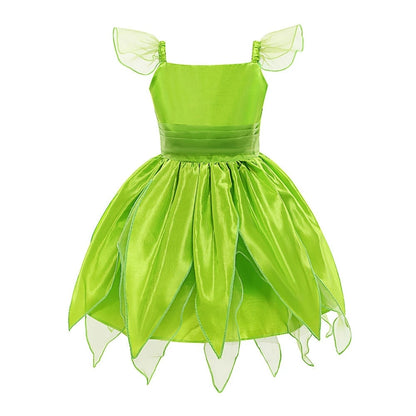 Tinker Bell Princess Halloween Cosplay Girls Party Green Flower Fairy TinkerBell Dress Elf Costume Glitter Butterfly Wing