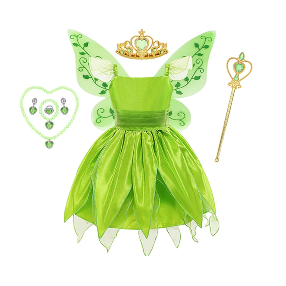 Tinker Bell Princess Halloween Cosplay Girls Party Green Flower Fairy TinkerBell Dress Elf Costume Glitter Butterfly Wing