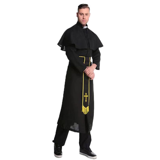 Dress up Dance Party Black Adult Priest Robe Men's Godfather Costume Halloween Cosplay Suit