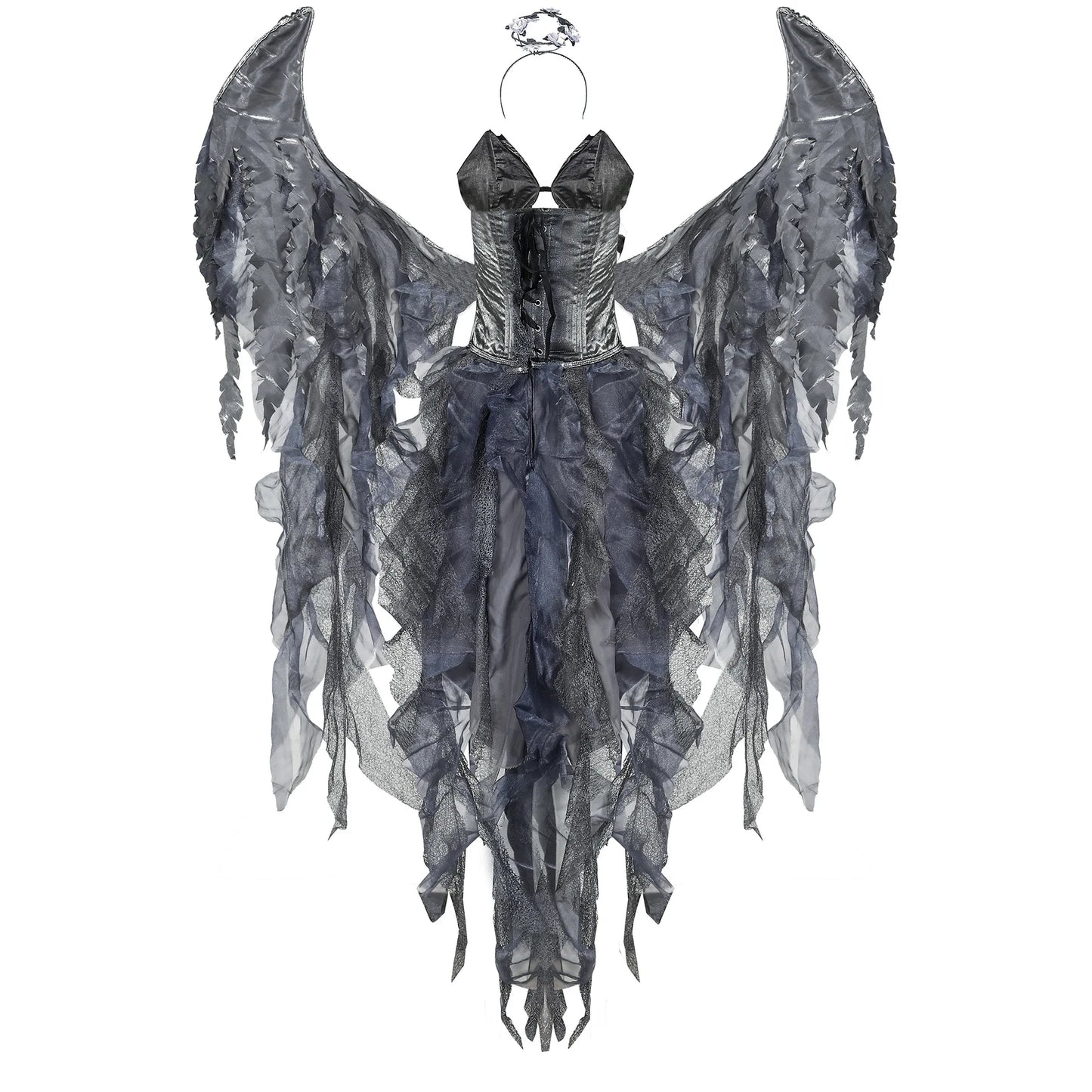 Dark Fallen Angel Costume Dress with Wings and Headband for Women Adult Cosplay Halloween Performance Outfit