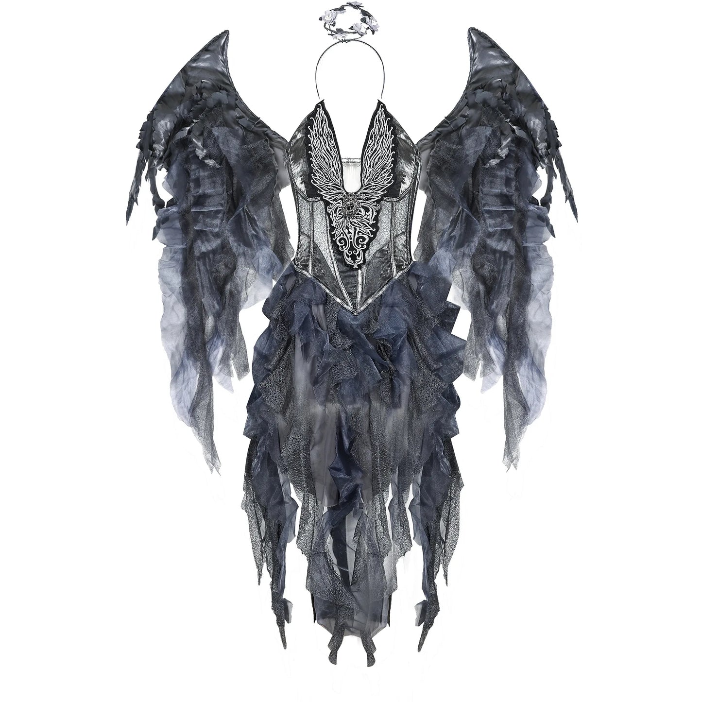 Dark Fallen Angel Costume Dress with Wings and Headband for Women Adult Cosplay Halloween Performance Outfit