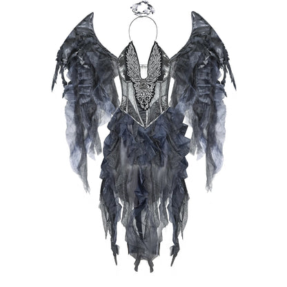 Dark Fallen Angel Costume Dress with Wings and Headband for Women Adult Cosplay Halloween Performance Outfit