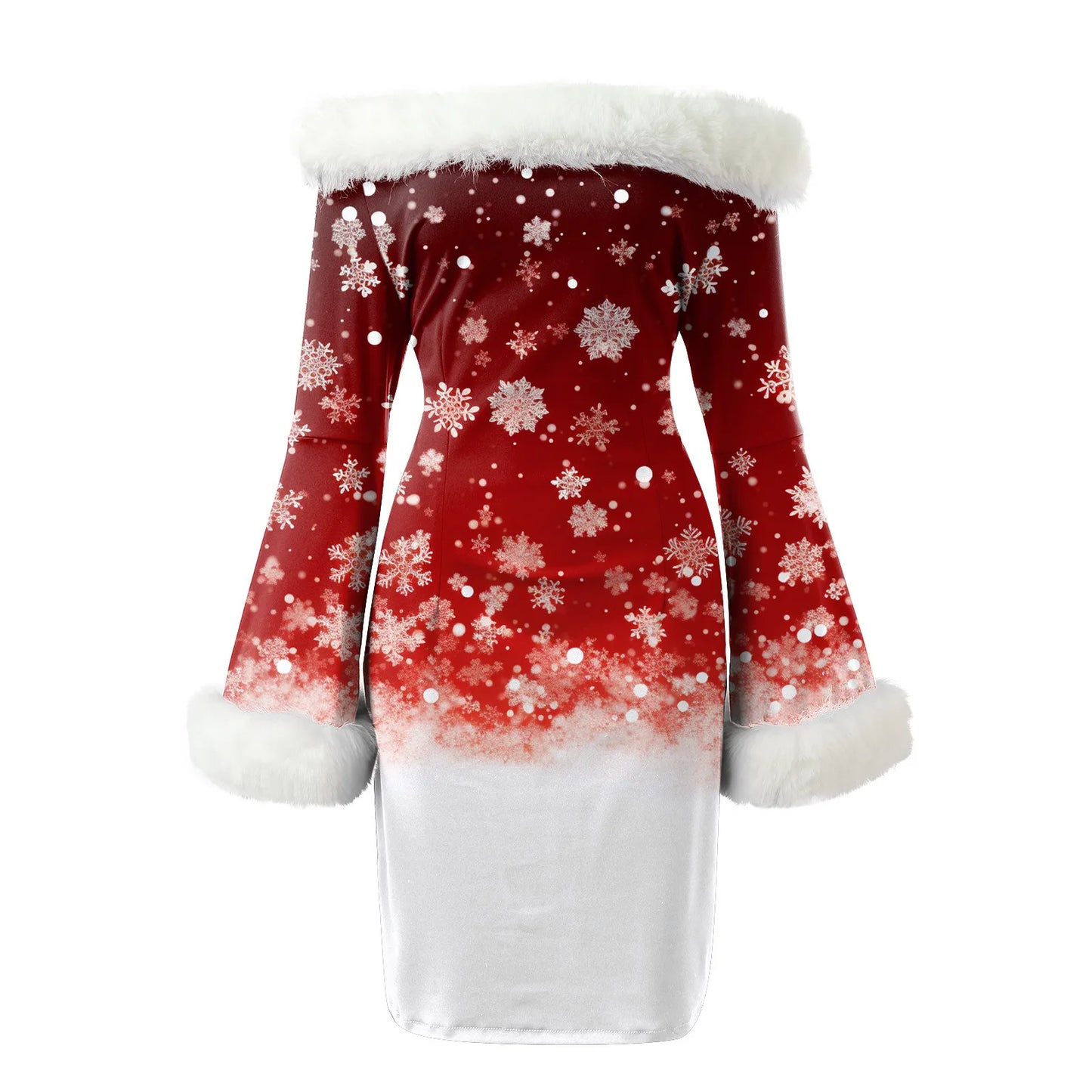 Furry Off The Shoulder Christmas Dress Gradient Color Snowflake Print Pencil Dress Women's Christmas Party Casual Dress