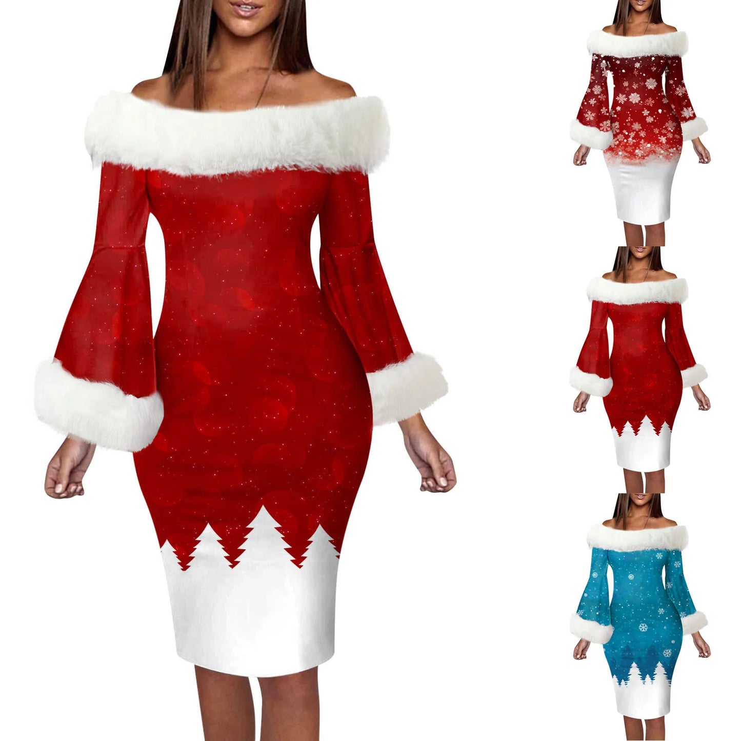 Furry Off The Shoulder Christmas Dress Gradient Color Snowflake Print Pencil Dress Women's Christmas Party Casual Dress