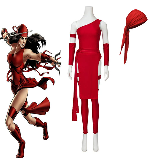 Elektra Cosplay Costume Women's Sexy Red Sloping Shoulder High Slit Dress Full Set with Bandana Halloween Superhero Combat Gown