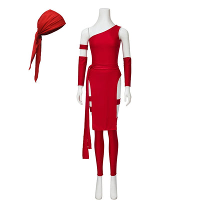 Elektra Cosplay Costume Women's Sexy Red Sloping Shoulder High Slit Dress Full Set with Bandana Halloween Superhero Combat Gown