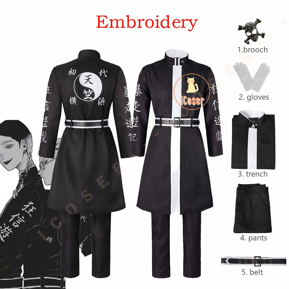 Embroidery Tokyo Revengers Haitani Brothers Costumes Rindo Ran Haitani Cosplay Tenjiku Gang Trench Anime Cloak Uniform Outfit