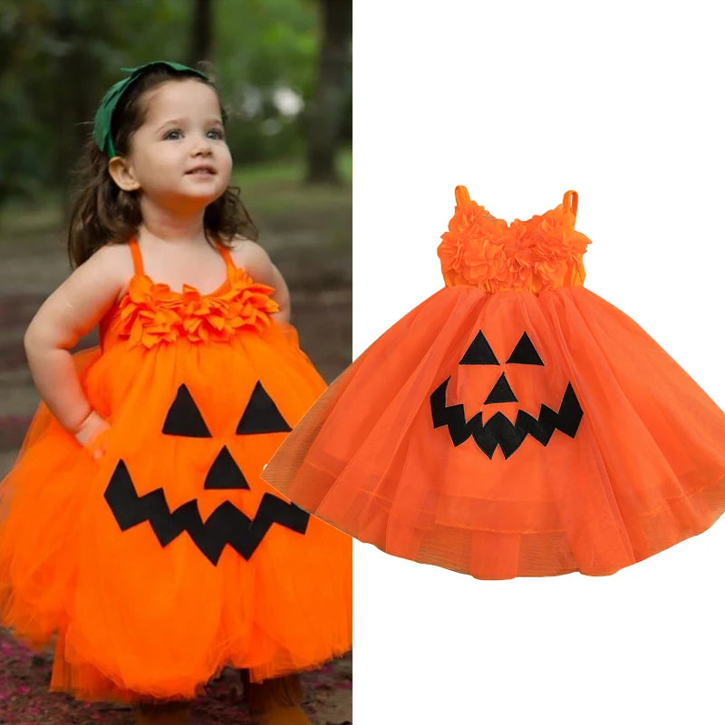 0-4Y Halloween Kids Girls Party Dress Strap Sleeveless Flowers Pumpkin Lace Patchwork Tutu Sundress