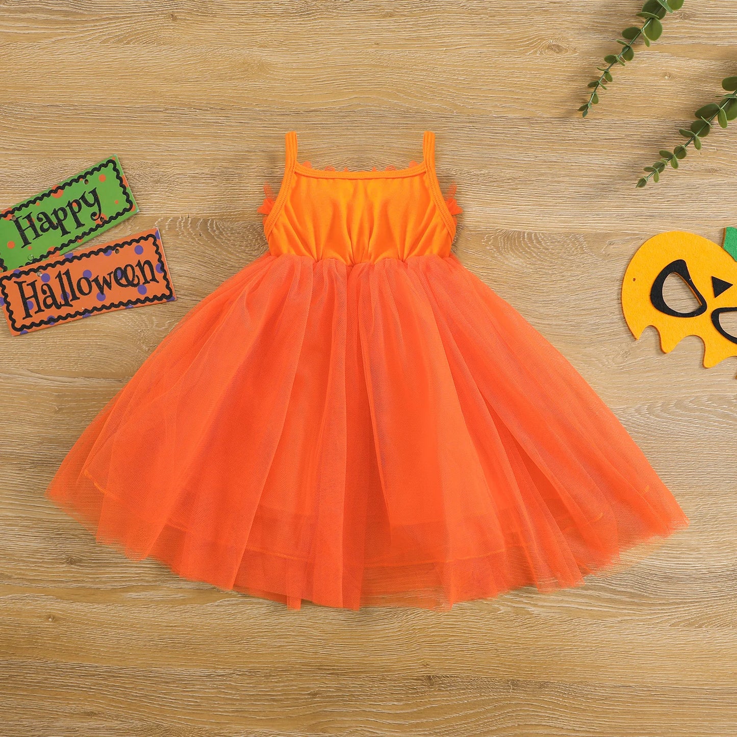 0-4Y Halloween Kids Girls Party Dress Strap Sleeveless Flowers Pumpkin Lace Patchwork Tutu Sundress