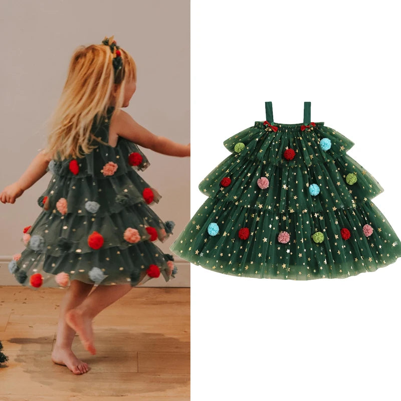 1-9Y 2 Colors Little Girls Christmas Dress Strap Sleeveless Star Print Lace Layered Tulle Sundress with Plush Ball Hat