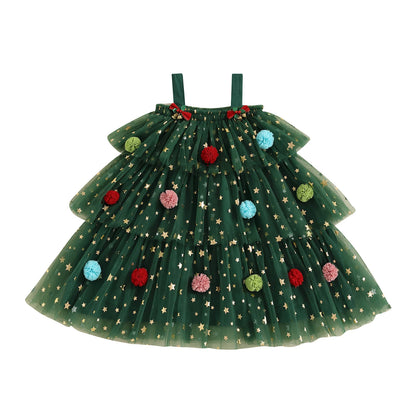 1-9Y 2 Colors Little Girls Christmas Dress Strap Sleeveless Star Print Lace Layered Tulle Sundress with Plush Ball Hat