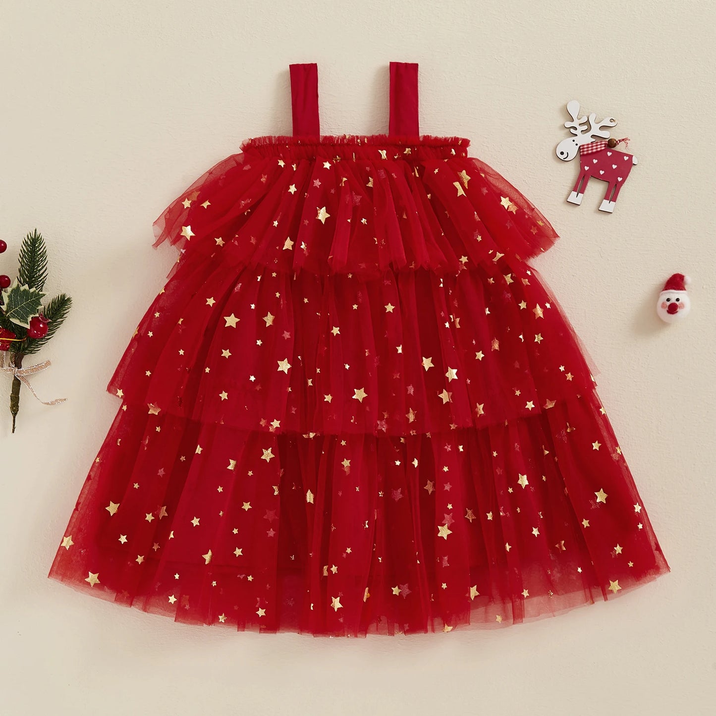 1-9Y 2 Colors Little Girls Christmas Dress Strap Sleeveless Star Print Lace Layered Tulle Sundress with Plush Ball Hat