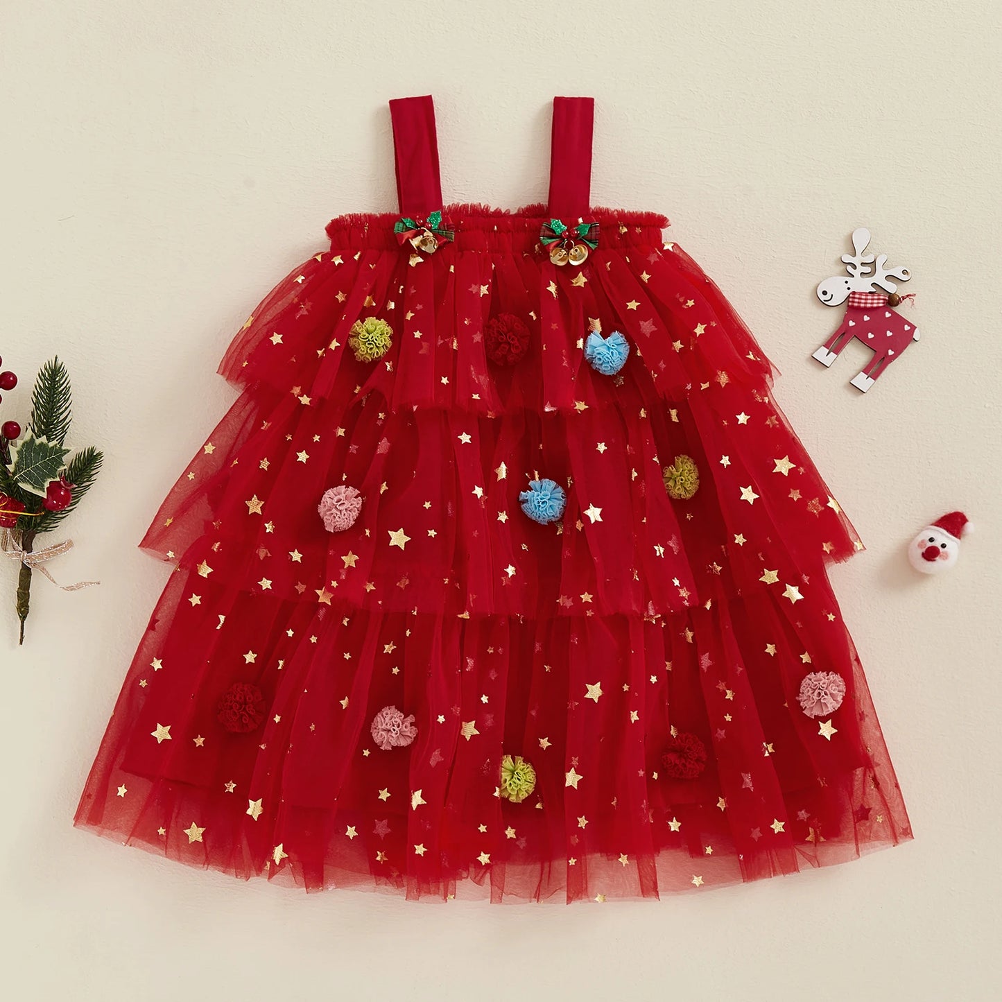 1-9Y 2 Colors Little Girls Christmas Dress Strap Sleeveless Star Print Lace Layered Tulle Sundress with Plush Ball Hat