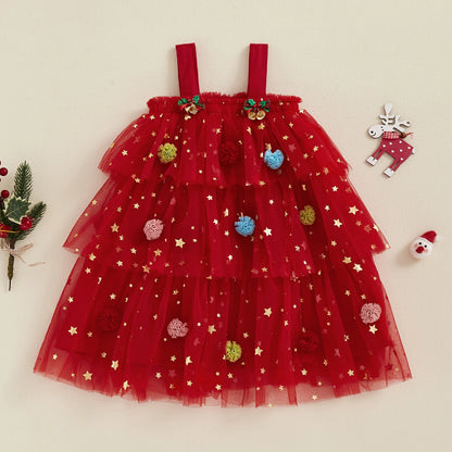 1-9Y 2 Colors Little Girls Christmas Dress Strap Sleeveless Star Print Lace Layered Tulle Sundress with Plush Ball Hat