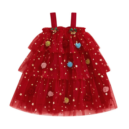 1-9Y 2 Colors Little Girls Christmas Dress Strap Sleeveless Star Print Lace Layered Tulle Sundress with Plush Ball Hat