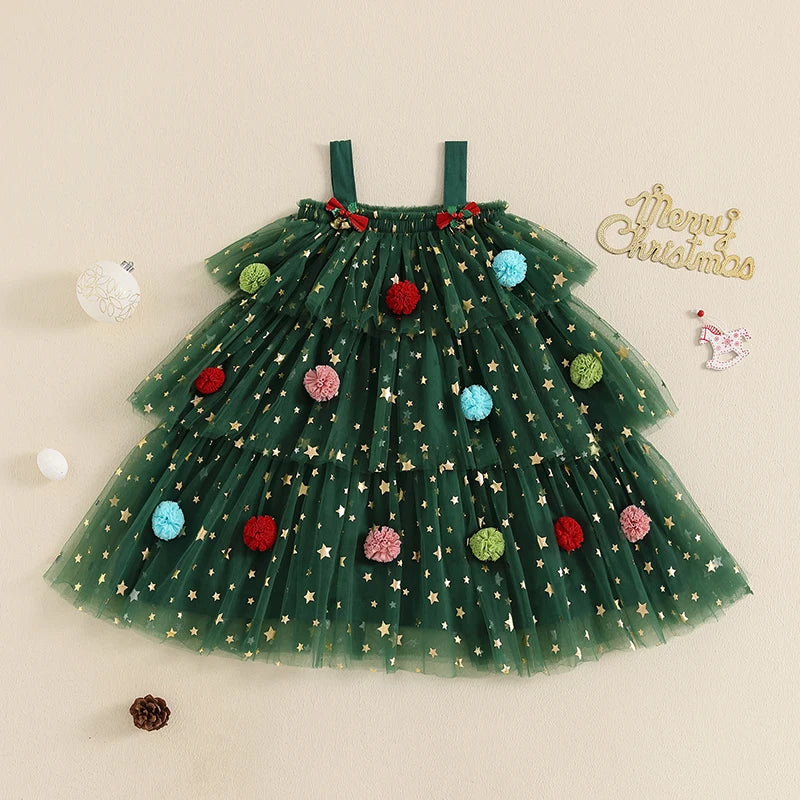 1-9Y 2 Colors Little Girls Christmas Dress Strap Sleeveless Star Print Lace Layered Tulle Sundress with Plush Ball Hat