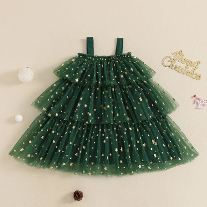 1-9Y 2 Colors Little Girls Christmas Dress Strap Sleeveless Star Print Lace Layered Tulle Sundress with Plush Ball Hat