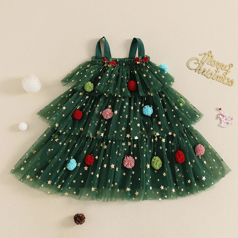 1-9Y 2 Colors Little Girls Christmas Dress Strap Sleeveless Star Print Lace Layered Tulle Sundress with Plush Ball Hat