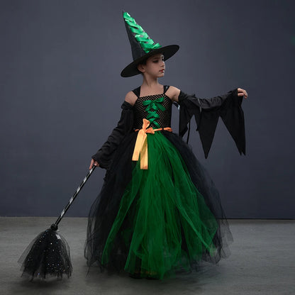 Fairytale Green Witch Dress with Hat Broom Glamour Kids Halloween Fancy Gown Tutu Robe Costume Gothic Girls Cosplay Clothing