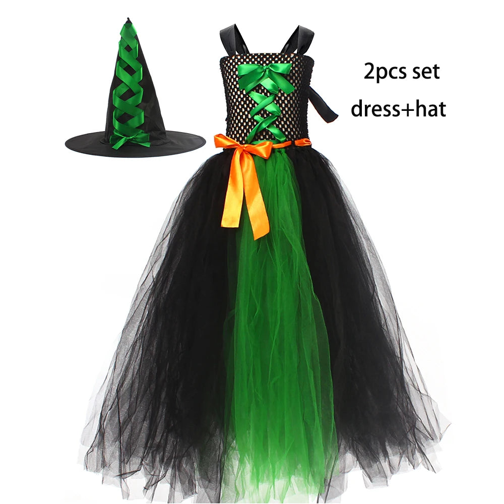 Fairytale Green Witch Dress with Hat Broom Glamour Kids Halloween Fancy Gown Tutu Robe Costume Gothic Girls Cosplay Clothing