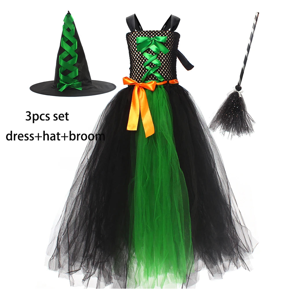 Fairytale Green Witch Dress with Hat Broom Glamour Kids Halloween Fancy Gown Tutu Robe Costume Gothic Girls Cosplay Clothing