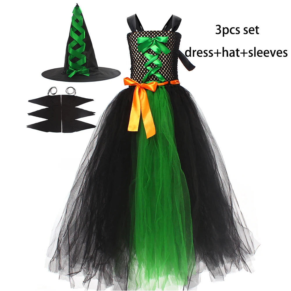 Fairytale Green Witch Dress with Hat Broom Glamour Kids Halloween Fancy Gown Tutu Robe Costume Gothic Girls Cosplay Clothing