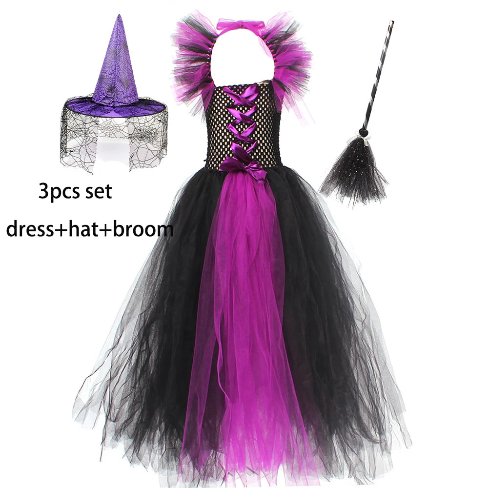 Fairytale Green Witch Dress with Hat Broom Glamour Kids Halloween Fancy Gown Tutu Robe Costume Gothic Girls Cosplay Clothing