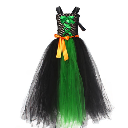 Fairytale Green Witch Dress with Hat Broom Glamour Kids Halloween Fancy Gown Tutu Robe Costume Gothic Girls Cosplay Clothing