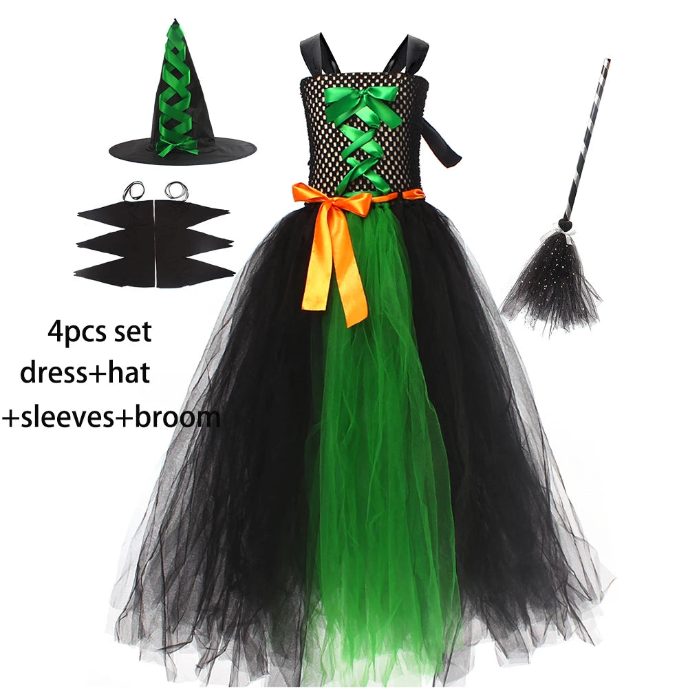 Fairytale Green Witch Dress with Hat Broom Glamour Kids Halloween Fancy Gown Tutu Robe Costume Gothic Girls Cosplay Clothing