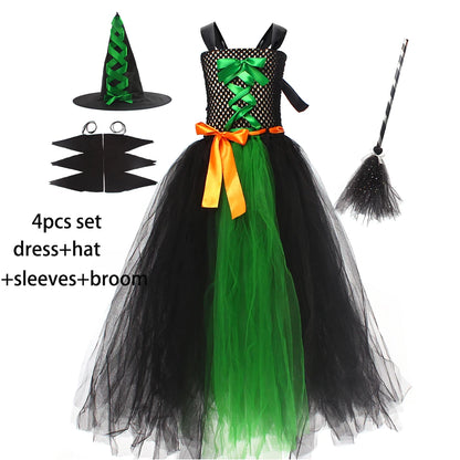 Fairytale Green Witch Dress with Hat Broom Glamour Kids Halloween Fancy Gown Tutu Robe Costume Gothic Girls Cosplay Clothing