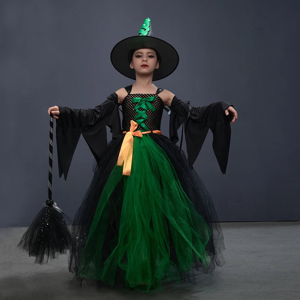 Fairytale Green Witch Dress with Hat Broom Glamour Kids Halloween Fancy Gown Tutu Robe Costume Gothic Girls Cosplay Clothing