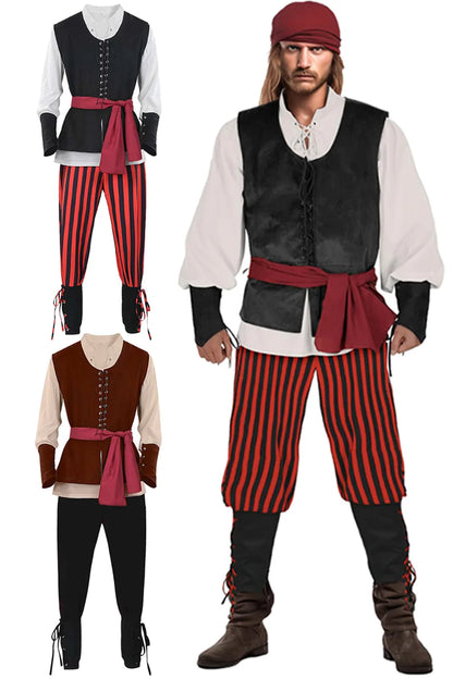 Fantasia Medieval Pirate Cosplay Hat Scarf Vest Clothing Retro Stage Disfraz Costume Men Fantasy Halloween Carnival Party Cloth