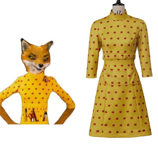 Fantastic Mr Fox Cosplay Costume Women's Mrs Fox Dress Costume Yellow Printed Dress for Halloween Carnival Party Dress Outfits