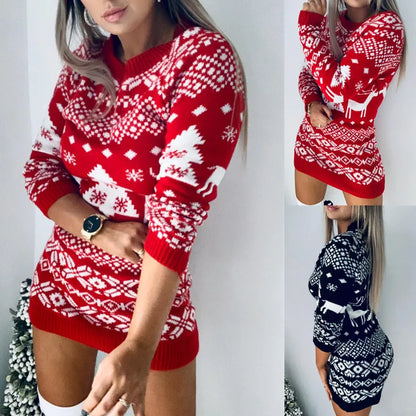 Fashion Autumn Winter Women Long Sleeve Loose Christmas Dress New Year Festival Christmas Print A-line Mini Dress Ladies