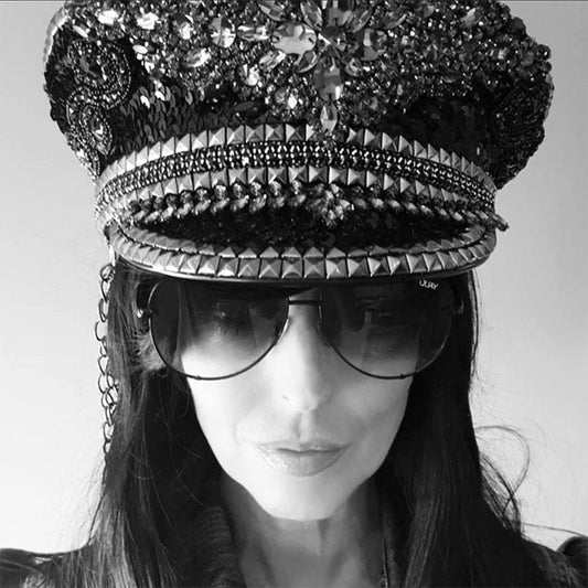 Women Bride Military Hat Black Sequin Burning Bridal Captain Sergeant Hat Luxury Rhinestone Festival Birthday Part Hat