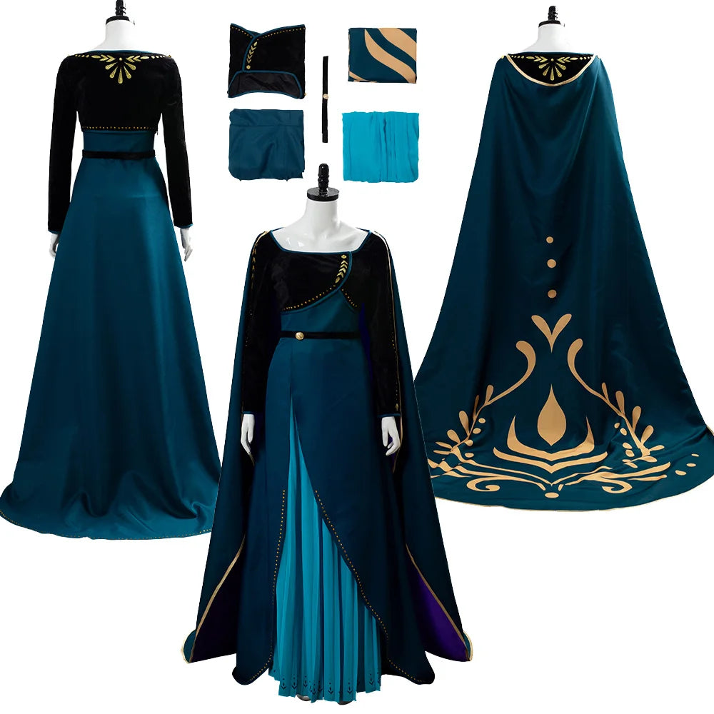 Female Anna Cosplay Costume Coronation Queen Dark Green Dress Long Gown Cape Outfits Women Girls Halloween Carnival Party Suit