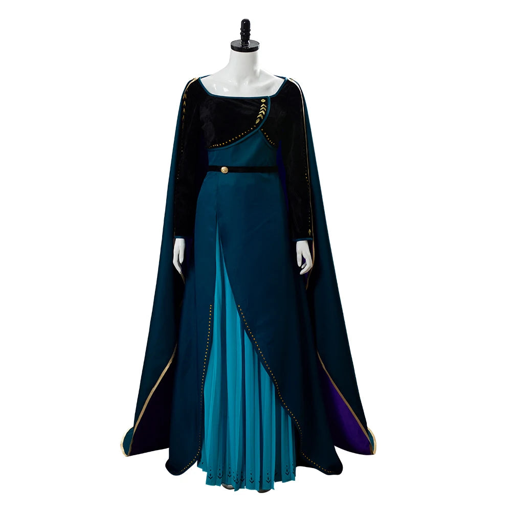 Female Anna Cosplay Costume Coronation Queen Dark Green Dress Long Gown Cape Outfits Women Girls Halloween Carnival Party Suit