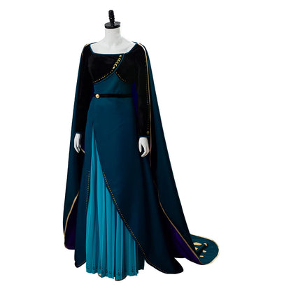 Female Anna Cosplay Costume Coronation Queen Dark Green Dress Long Gown Cape Outfits Women Girls Halloween Carnival Party Suit