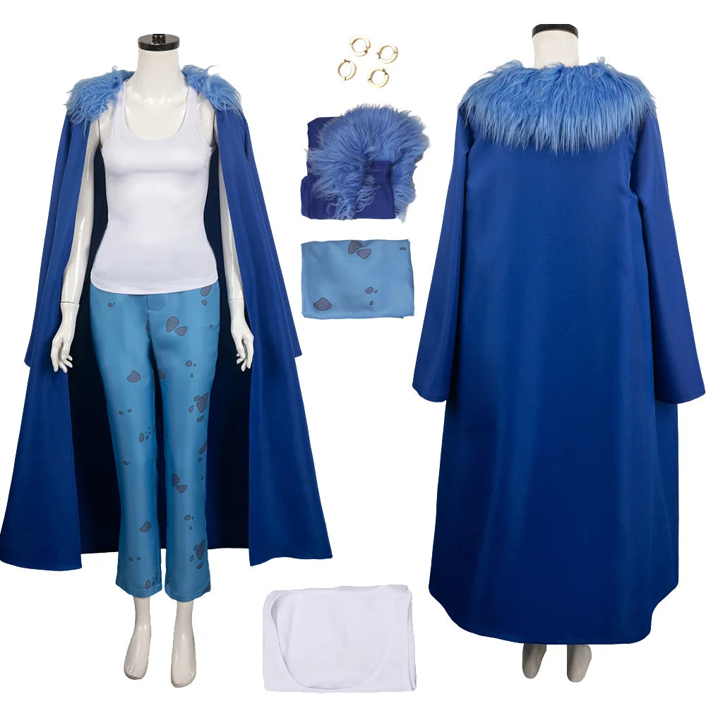 Female Law Cosplay Trafalgar Costume Top Pants Cloak Earrings Blue Suits Fantasy for Women Outfits Halloween Carnival Party Suit