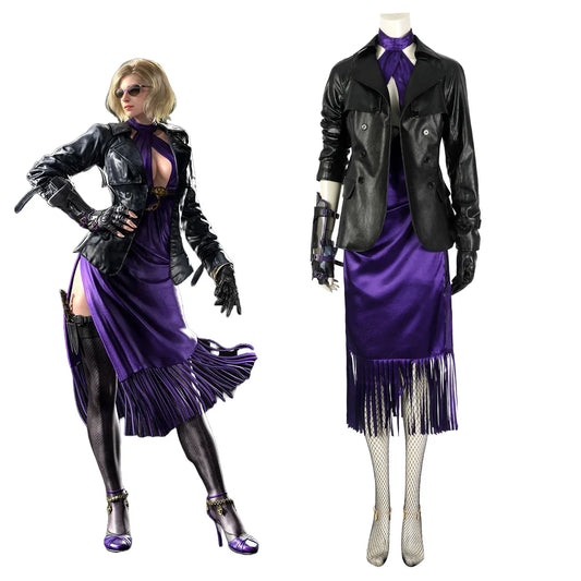 Fighting Game Nina Williams Cosplay Costume Battle Outfits Women Nina Williams Sexy Purple Dress With Black Jacket Set Custom