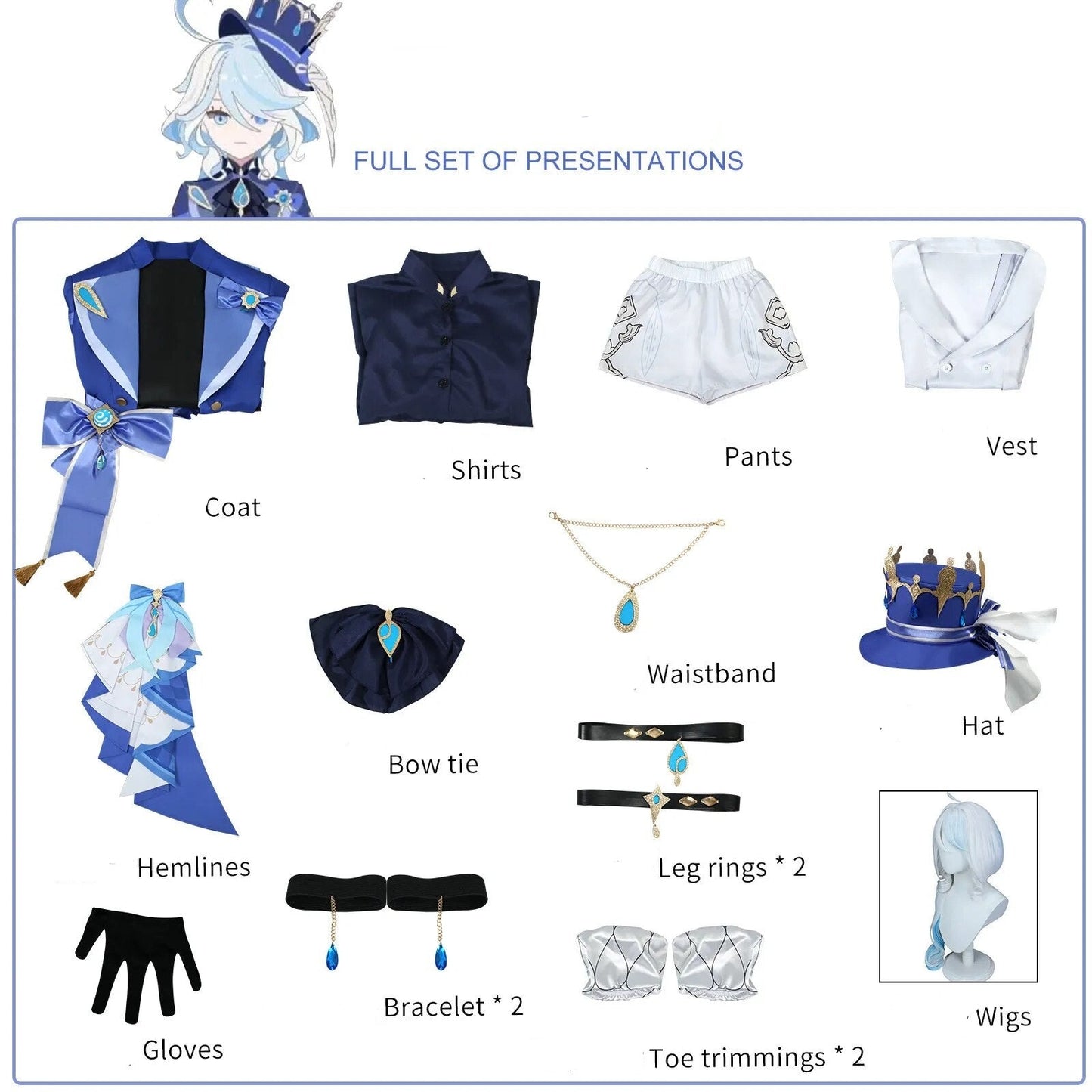 Focalors Cosplay Costume Furina Wig Game Genshin Impact Fontaine God of Justice Blue Uniform Vision Hat Hydro Bracelet Necklace