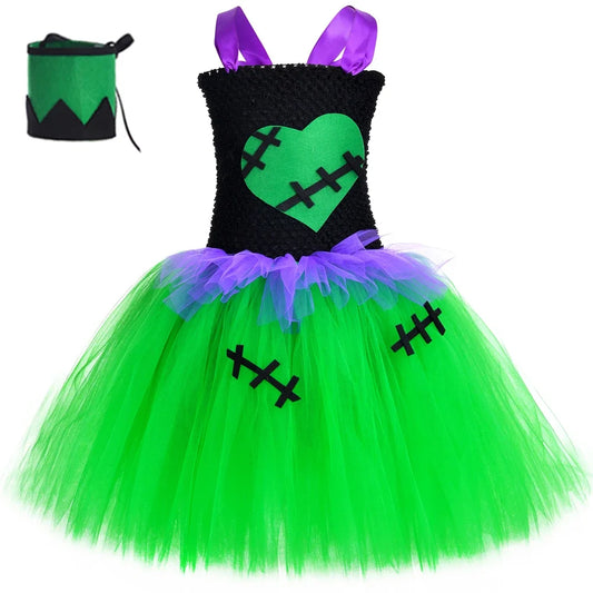 Frankenstein Monster Halloween Costume for Kids Horror Devil Cosplay Girls Clothes Children Fancy Carnival Party Tutu Dress 1-14