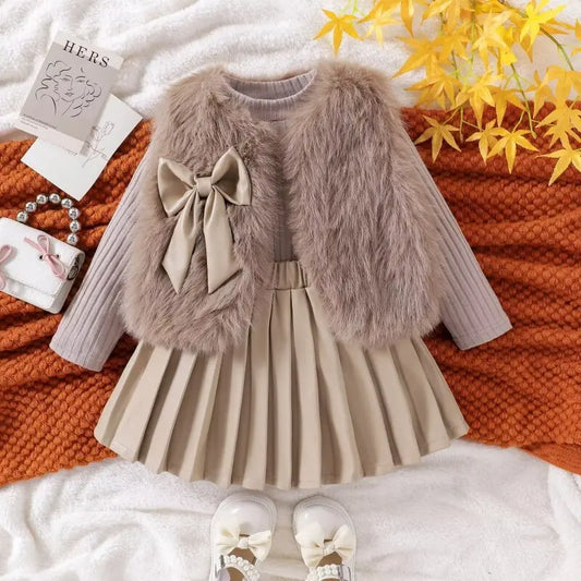 Fur Vest Skirt Three-piece Set Girls Suit  Autumn New Children Clothes Korean Baby Girls Fashion Casual Simple and Cute