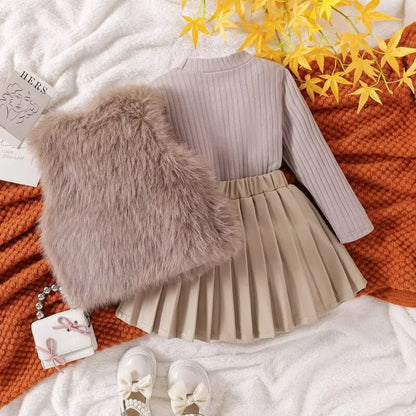 Fur Vest Skirt Three-piece Set Girls Suit  Autumn New Children Clothes Korean Baby Girls Fashion Casual Simple and Cute