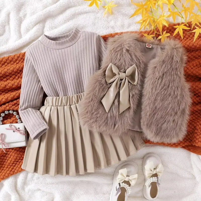 Fur Vest Skirt Three-piece Set Girls Suit  Autumn New Children Clothes Korean Baby Girls Fashion Casual Simple and Cute